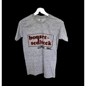 True Vintage 70s Stedman T Shirt Medium Gray Heathered Graphic Construction